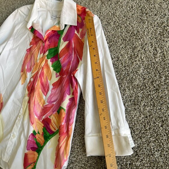 Chicos Womens Sz 6 Button Down Shirt White Floral Leaf Print Cotton Blend - Picture 6 of 11